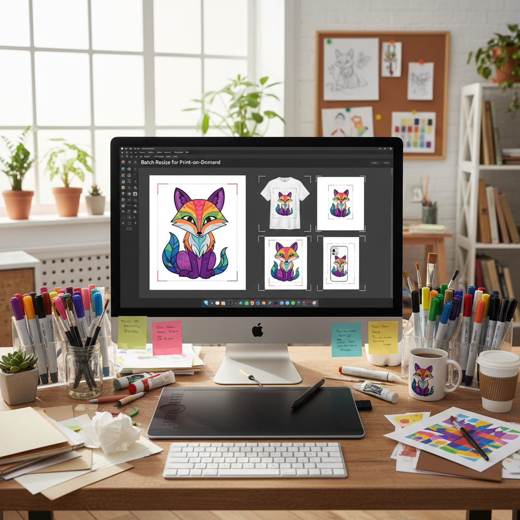 设计正在批量调整尺寸以适配print-on-demand产品模板